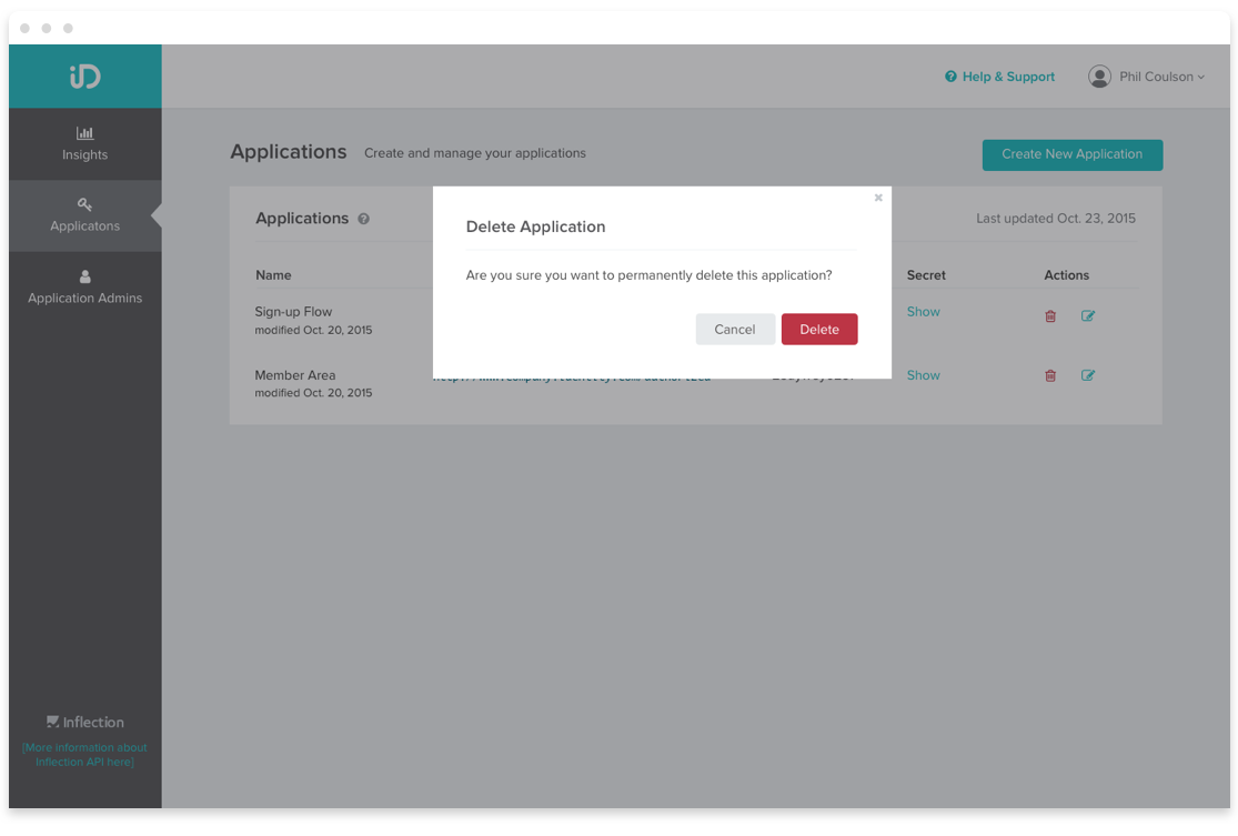 VerifiediDAPI Customer Dashboard Delete Application