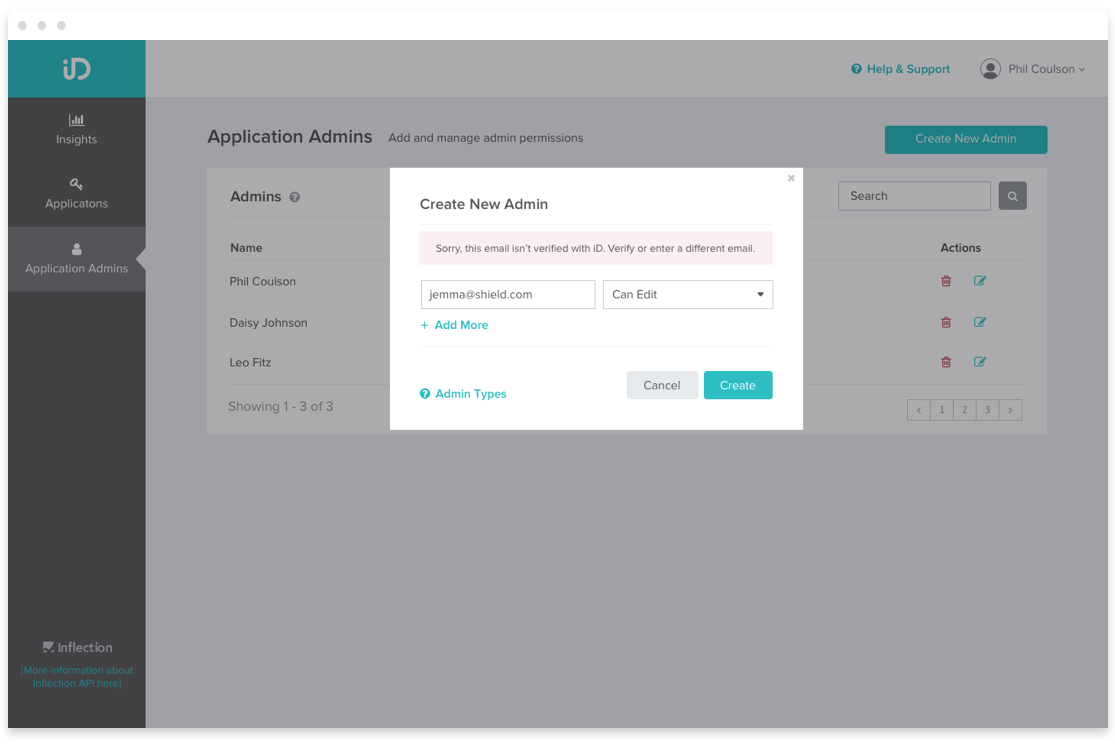 VerifiediDAPI Customer Dashboard Create Admin Error State